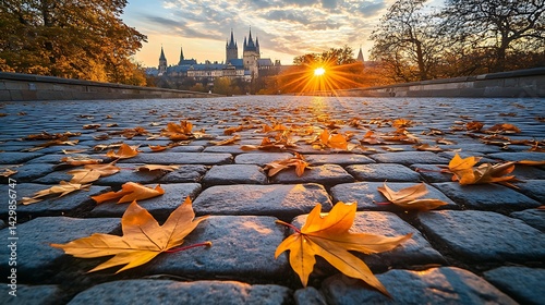 Autumn Sunset Over Cobblestone Bridge And Castle