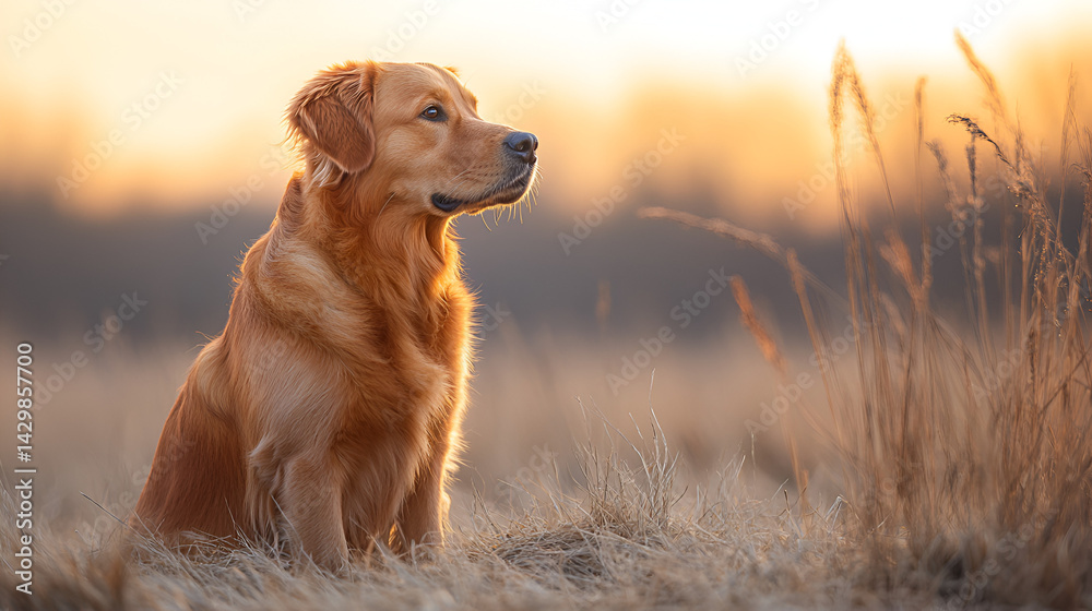 Obraz premium A happy dog running through a vibrant flower field during sunset, with warm golden light casting long shadows. The colorful flowers bloom around, creating a peaceful and picturesque scene.
