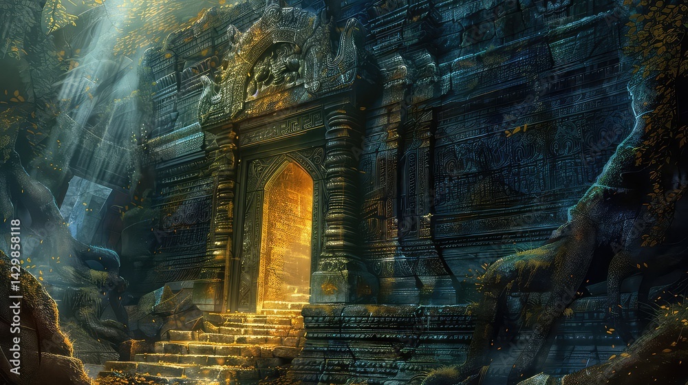 Fototapeta premium Ancient golden doorway ruins illustration