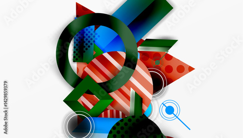 Abstract geometric composition. Overlapping shapes, lines create dynamic visual effect. Colors include red, green, blue, black.