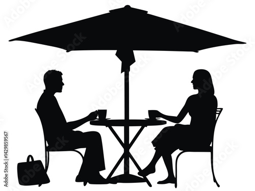 A young Caucasian man and woman sitting at a chair with table and up umbrella. Cafe table and chairs with silhouette vector