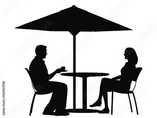 A young Caucasian man and woman sitting at a chair with table and up umbrella. Cafe table and chairs with silhouette vector