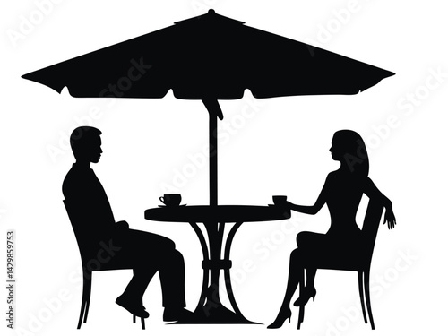 A young Caucasian man and woman sitting at a chair with table and up umbrella. Cafe table and chairs with silhouette vector