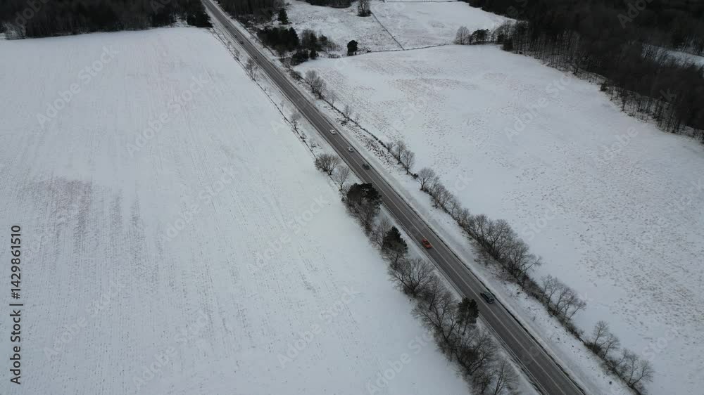 Road traffic in a snowy landscape - Circulation sur une route dans un paysage de neige