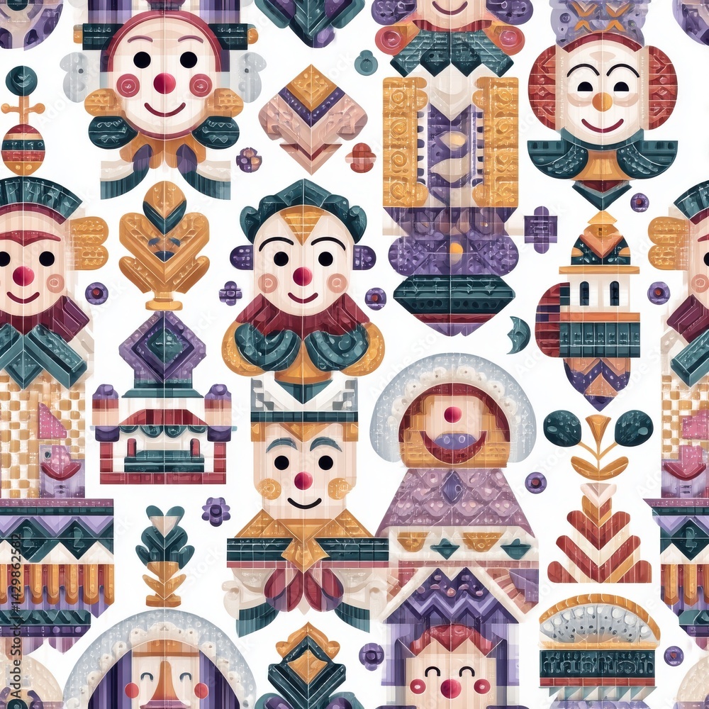 Fototapeta premium Whimsical Pixel Art Clown Seamless Pattern with Geometric Shapes