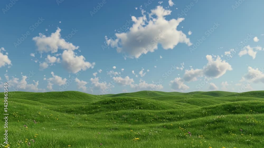 Green Meadow Under a Blue Sky with Fluffy Clouds on a Sunny Day Scenic View Green Meadow Under a Blue Sky with Fluffy Clouds on a Sunny Day Scenic View