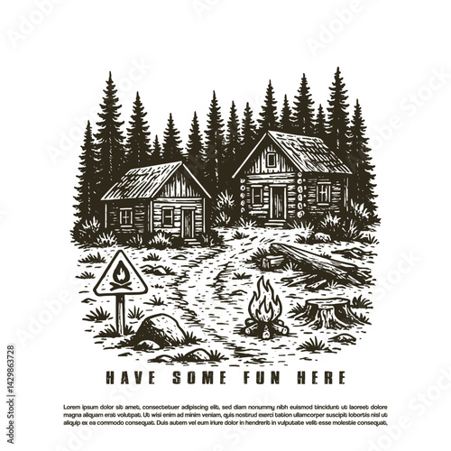 Vintage retro engraving two wooden cabin in the middle of the forest vector illustration
