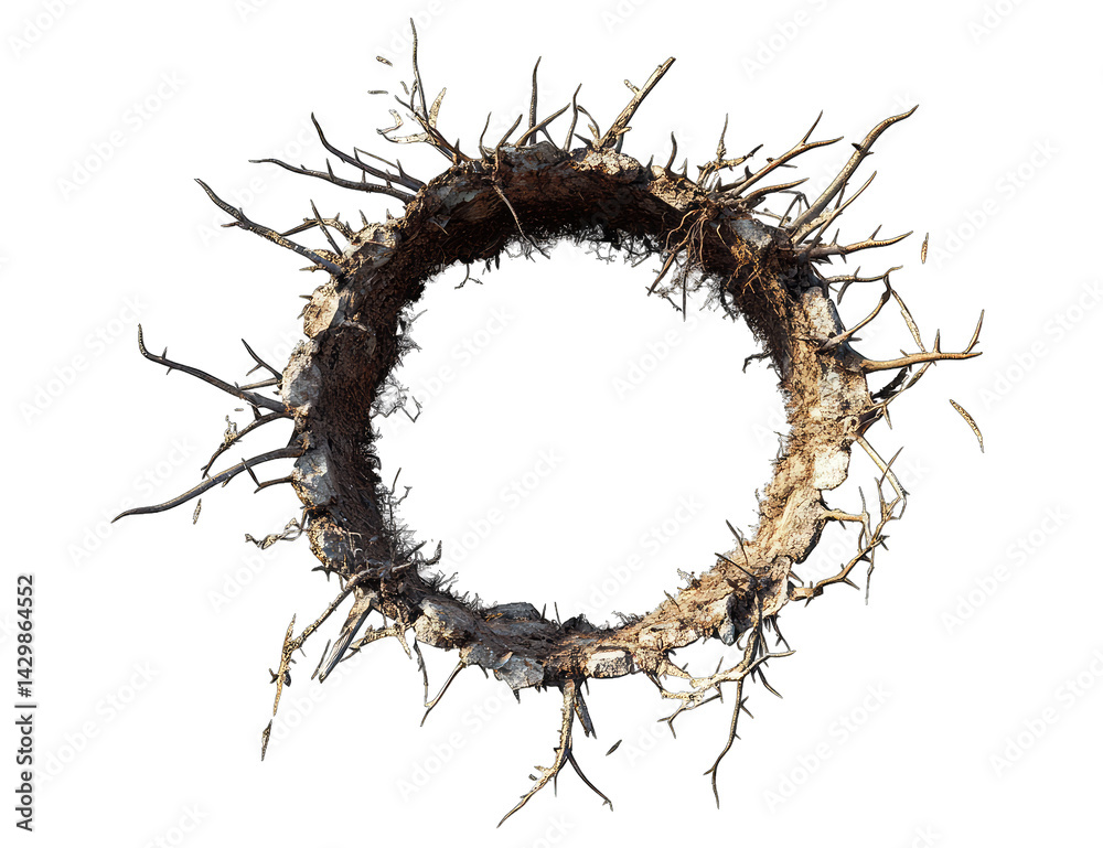 Fototapeta premium circular hollow space surrounded by jagged roots and dirt resembling a natural nest or burrow it suggests themes of nature decay and the cycle of life