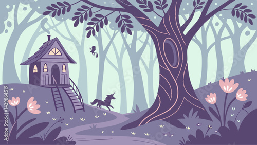 Fairytale Dreamland Fantasy Magical Fairy Tale Dream Forest with Tree House  vector illustration.
