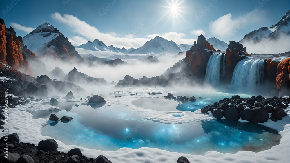 Obraz premium Frozen Lake Surrounded by Snowy Mountains
