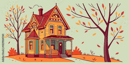 Colorful fantasy house in autumn background vector illustration.
