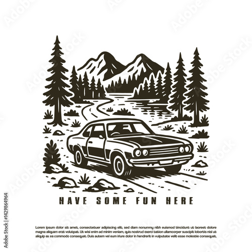 Vintage retro hand drawn old muscle car in the middle of the mountain forest vector