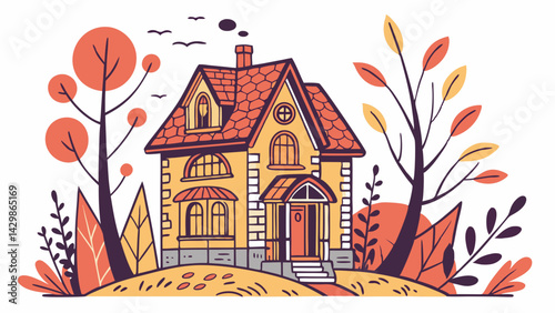 Colorful fantasy house in autumn in white background vector illustration.
