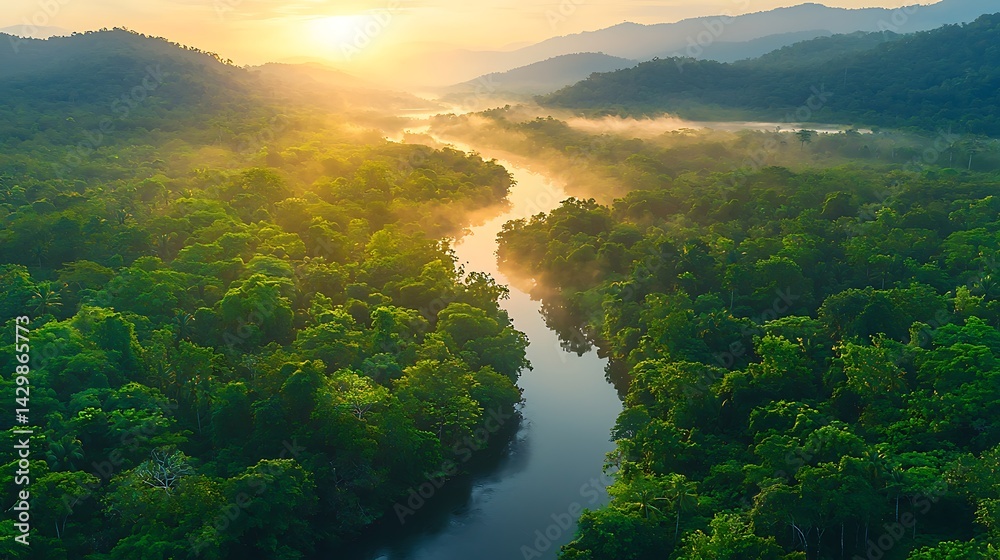 Fototapeta premium Lush green forest meets a river at sunrise