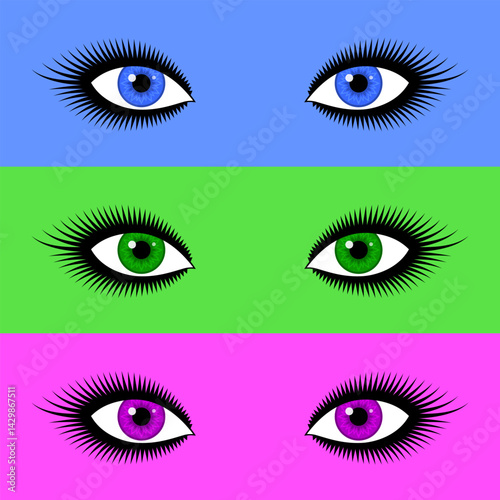 Beautiful colorful eyes with long eyelashes, set in bright colors