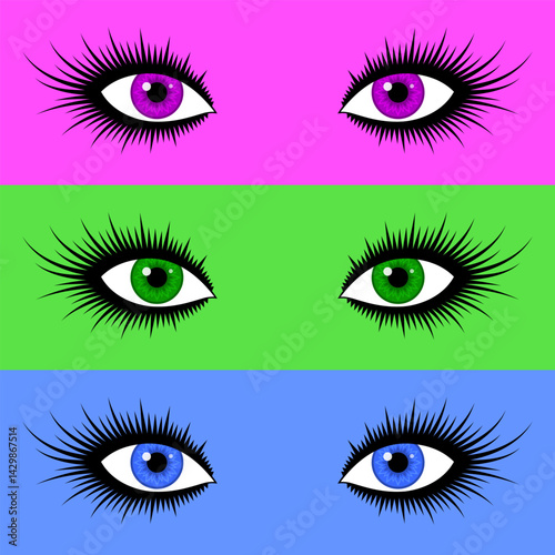 Beautiful colorful eyes with long eyelashes, set in bright colors