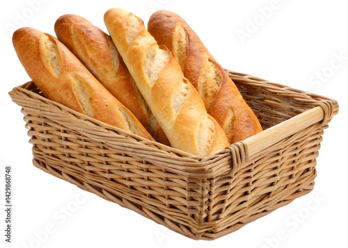 realistic wicker basket filled with golden brown French baguettes isolated on transparent background.
