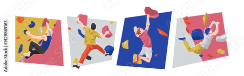 Male characters doing bouldering, wall climbing. Extreme sport. Flat vector illustration.
