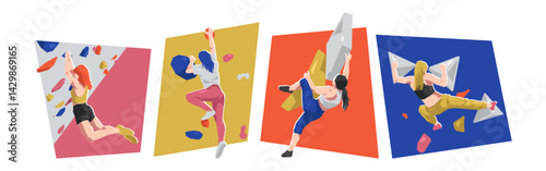 Female characters doing bouldering, wall climbing. Extreme sport. Flat vector illustration.