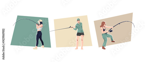 Fisherwoman character set. Activity, recreation theme. Flat vector illustration.