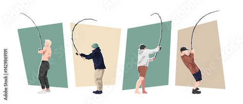 Fisherman character set. Activity, recreation theme. Flat vector illustration.