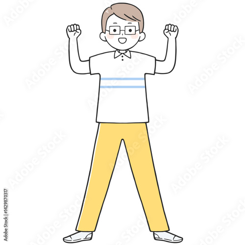 ガッツポーズする眼鏡をかけた若い男性のイラスト