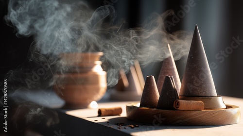 Discover the calming essence of organic incense cones with aromatic smoke and natural materials in tranquil settings