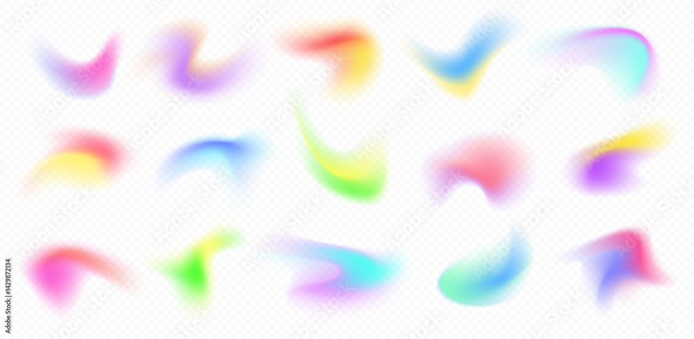 Colorful blurry gradient shapes, abstract light fluid mesh, soft colors in various forms. Vector design elements.
