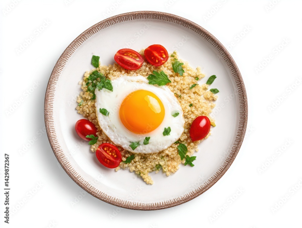 Fried egg with quinoa and tomatoes isolated on white background Fried egg with quinoa and tomatoes isolated on white background