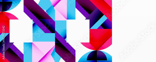 Abstract geometric shapes overlap, creating vibrant color blocks. Bold design utilizes gradients, angles, modern aesthetic.