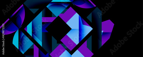 Abstract geometric composition. Blue, purple shapes overlap, creating dynamic visual effect. Dark background emphasizes vibrant colors.