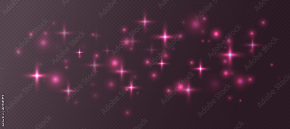 Pink sparkling stars, shiny particles light effect, transparent flying stardust texture, abstract twinkle Christmas decoration. Vector illustration.