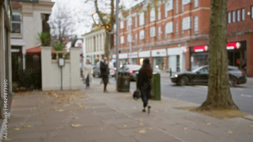 Defocused scene of people walking on a london street in autumn with blurred buildings and traffic, showcasing urban life in the uk with a man and woman in the foreground. Defocused scene of people walking on a london street in autumn with blurred buildings and traffic, showcasing urban life in the uk with a man and woman in the foreground.