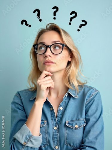 Pensive young woman surrounded by question marks depicting uncertainty and contemplation