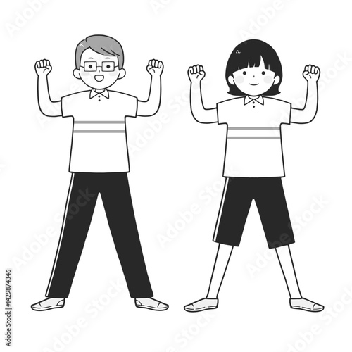 ガッツポーズする男女のモノクロイラスト