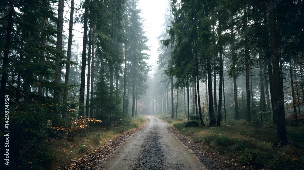 Fototapeta premium Misty Path Through Forest Trees In Foggy Woodland, Tall Pines and Foliage Trail