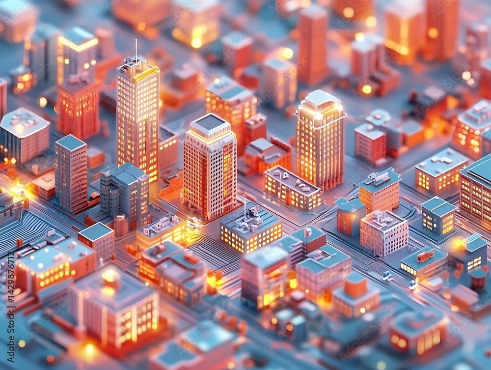 Obraz premium Geometric city skyline, digital art, urban design, glowing buildings, 3D model, architectural rendering, use background/illustration