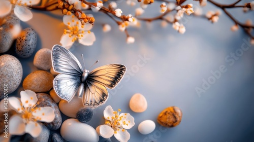 A silver butterfly rests gracefully on smooth stones surrounded by delicate white flowers, creating a peaceful and calming atmosphere