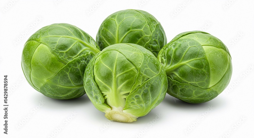 A close up shot of four brussels sprouts on a white surface with natural lighting and soft shadows A close up shot of four brussels sprouts on a white surface with natural lighting and soft shadows