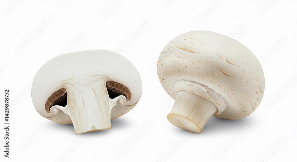A close up of two white mushrooms, one whole and one cut in half, on a plain white background A close up of two white mushrooms, one whole and one cut in half, on a plain white background