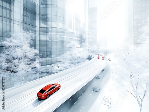 Red car on snowy city highway photo