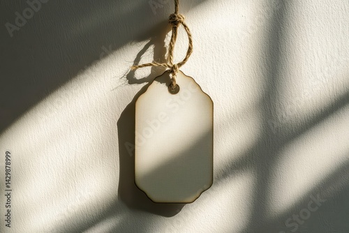 Empty, cream-colored, wooden tag, suspended by a light-brown string, casting shadows.