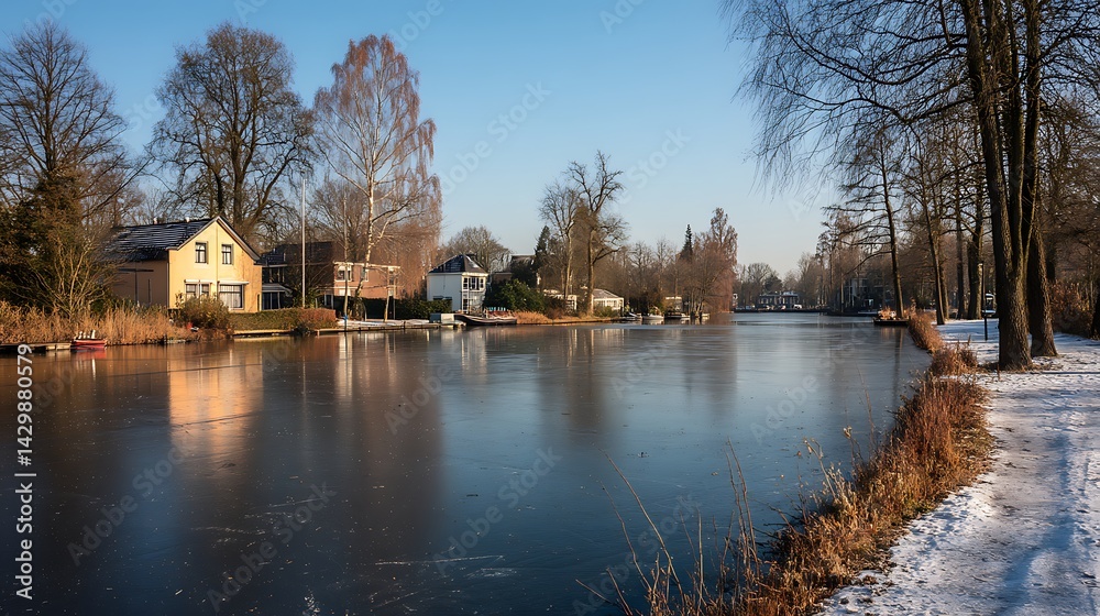 Fototapeta premium Frozen canal, winter village houses, sunny morning