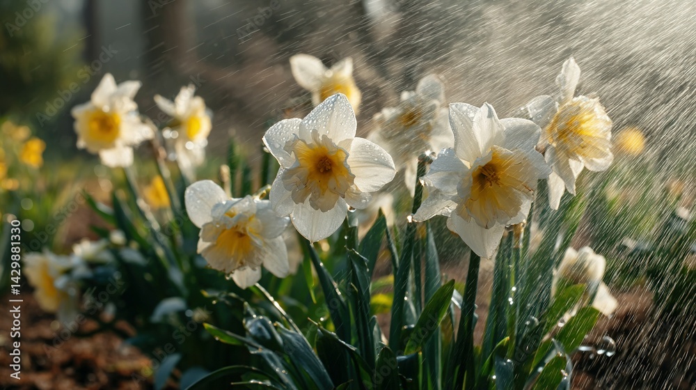 Obraz premium Springtime daffodils bathed in morning watering spray.