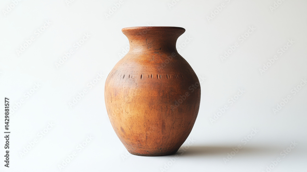 A front-facing close-up of a raw, minimalistic clay amphora set against a white background A front-facing close-up of a raw, minimalistic clay amphora set against a white background