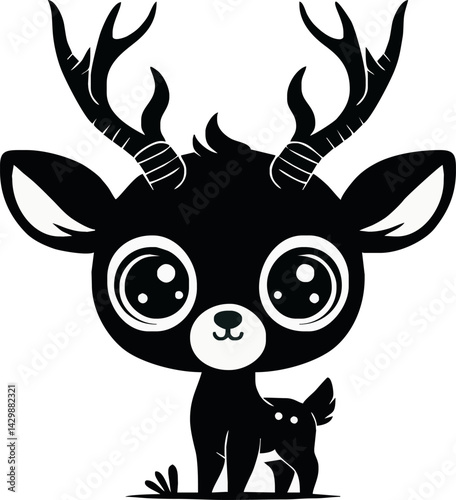 Cute cartoon deer silhouette, big antlers, large round eyes, small nose, stylized black and white illustration, kawaii style, minimalist design, adorable forest animal, vector graphic, children's book