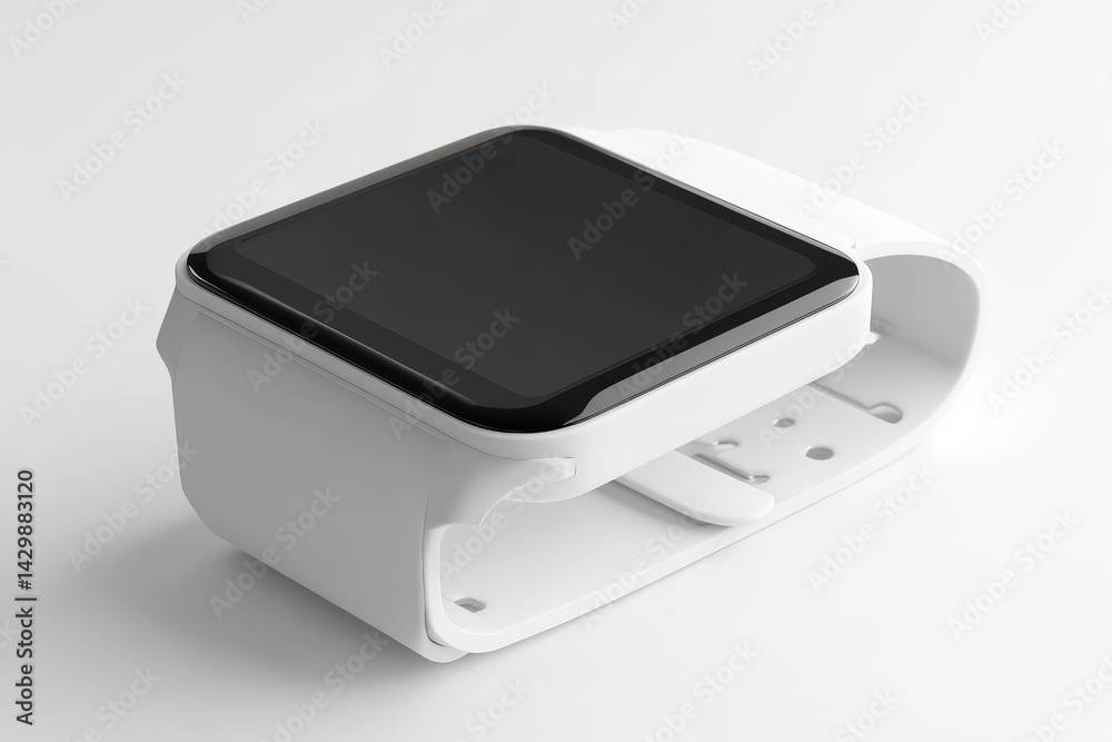 Sleek, white smart watch with black screen, displayed on a plain background. Sleek, white smart watch with black screen, displayed on a plain background.