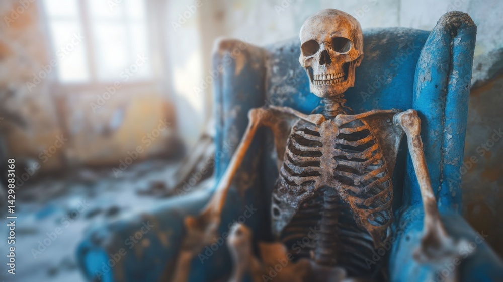 A skeleton sits in a weathered blue chair inside an empty, decaying room illuminated by natural light streaming through dusty windows