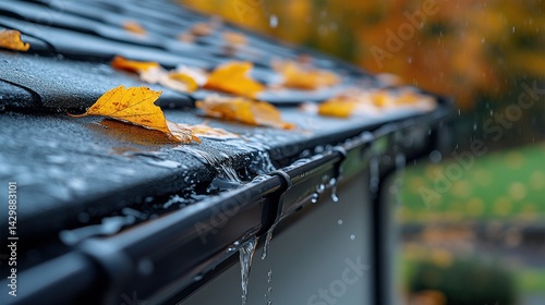 Autumn rain flows down a house's gutter