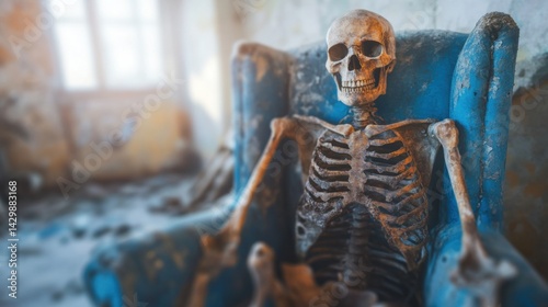Obraz na płótnie A skeleton sits in a weathered blue chair inside an empty, decaying room illuminated by natural light streaming through dusty windows w salonie